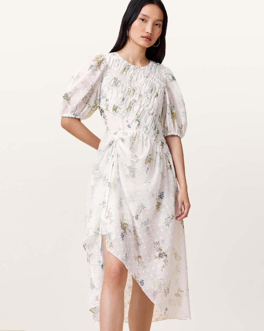 All Saints Serene Floral Print Midi Dress Laci Ecru White