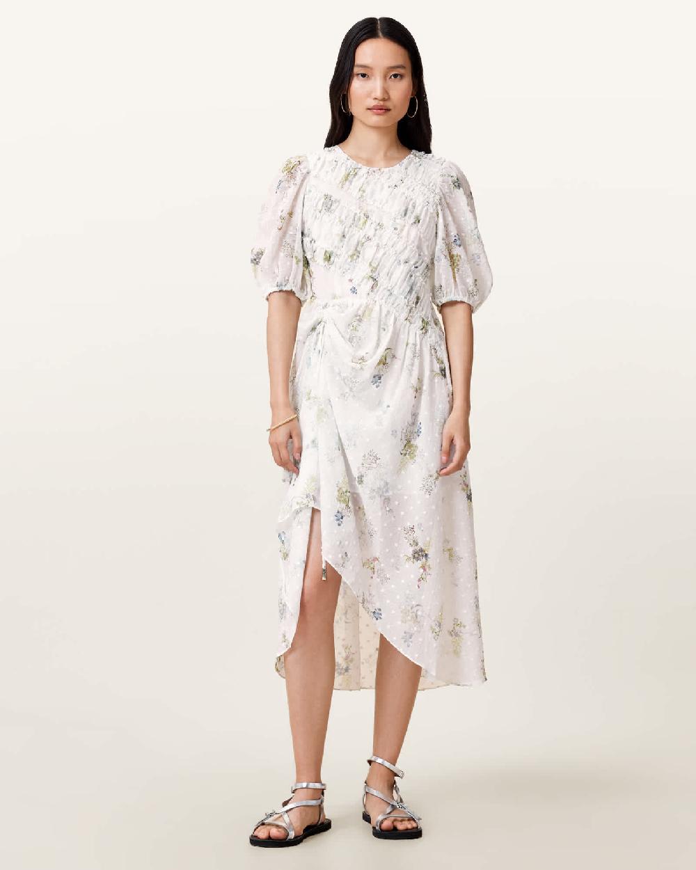 All Saints Serene Floral Print Midi Dress Laci Ecru White