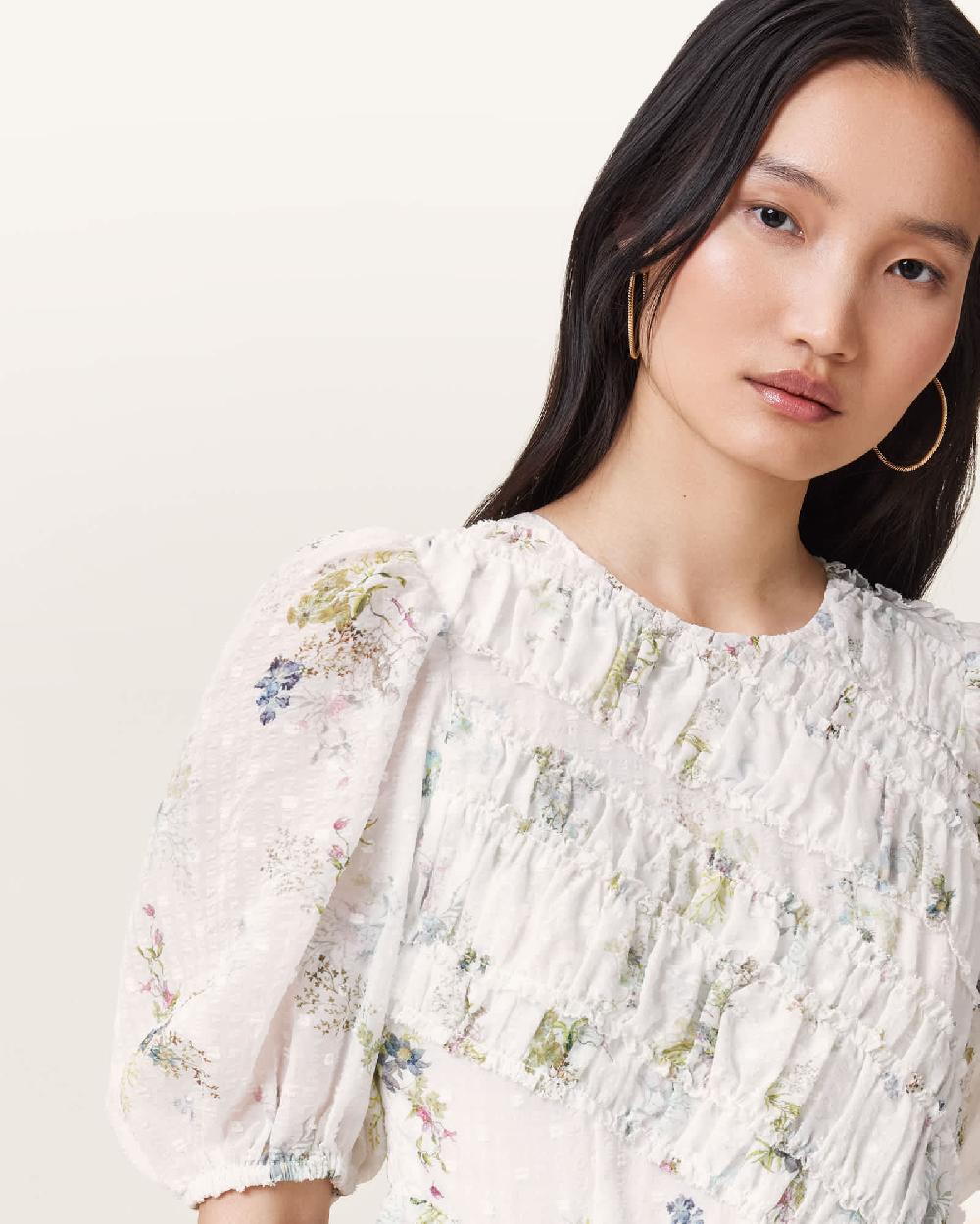 All Saints Serene Floral Print Midi Dress Laci Ecru White