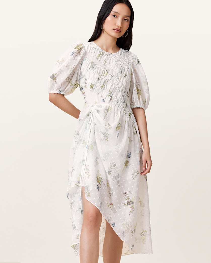 all saints Serene Floral Print Midi Dress Laci Ecru White