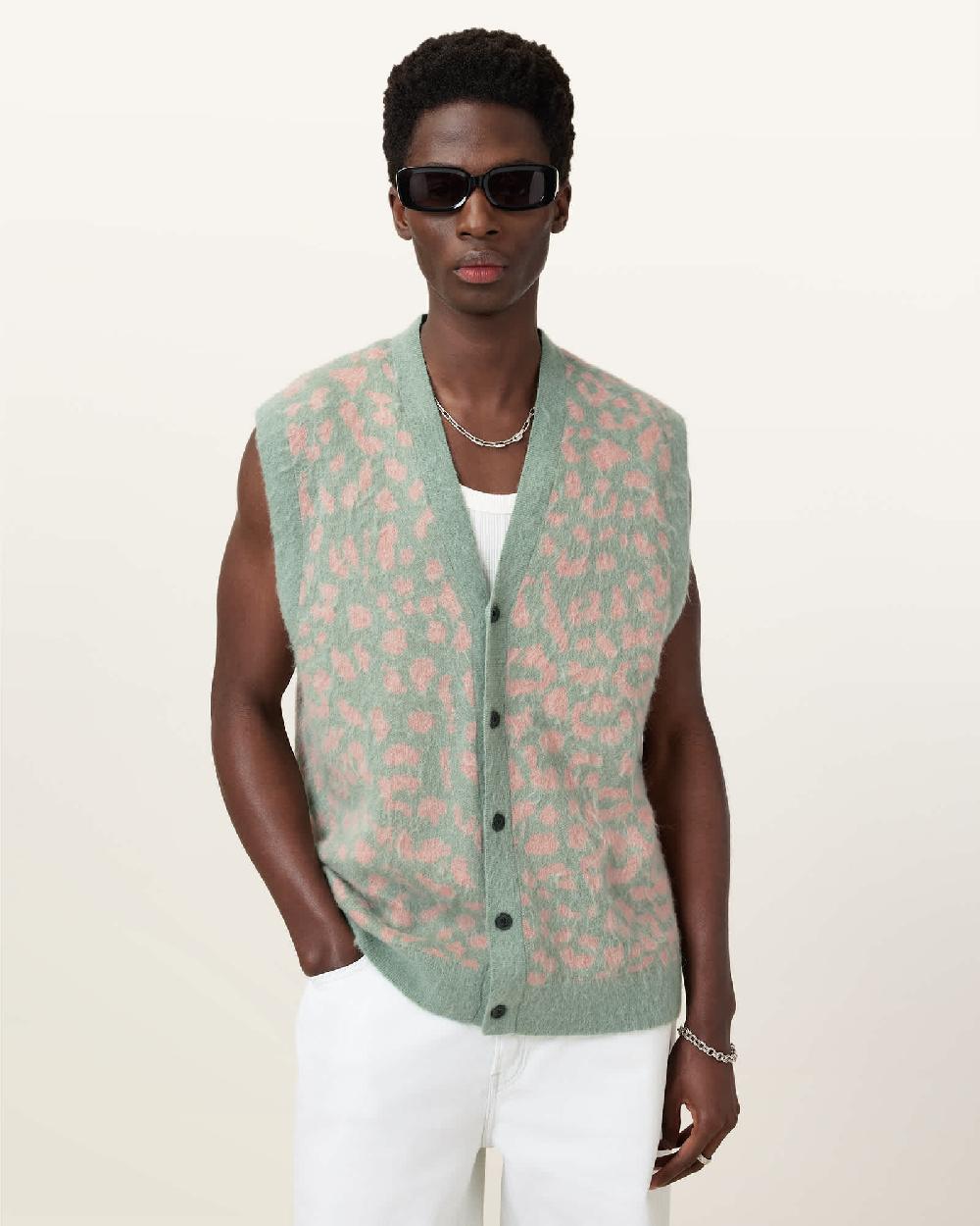 All Saints Serge Leopard Jacquard Vest Mineral Green