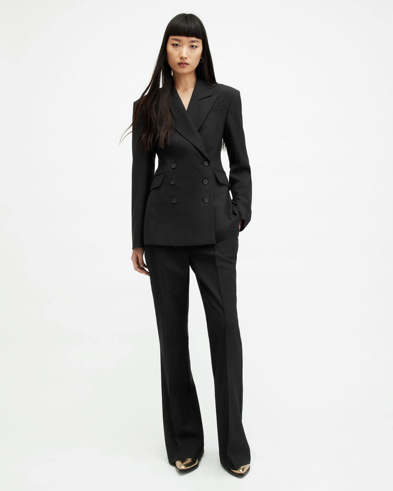 All Saints Sevenh Cinched Waist Slim Fit Blazer Black