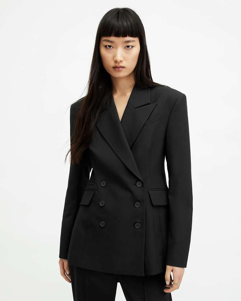 all saints Sevenh Cinched Waist Slim Fit Blazer Black