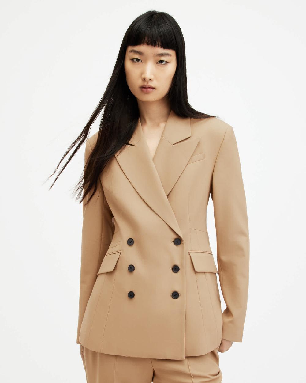 All Saints Sevenh Cinched Waist Slim Fit Blazer Camel Brown