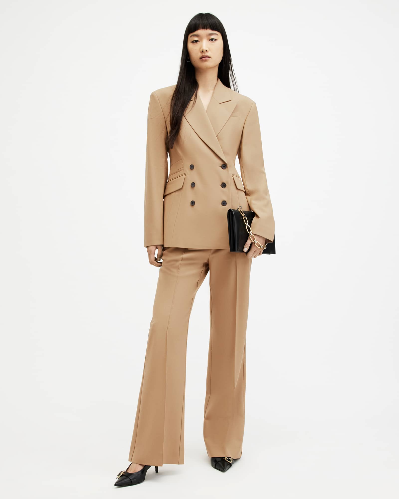 All Saints Sevenh Cinched Waist Slim Fit Blazer Camel Brown