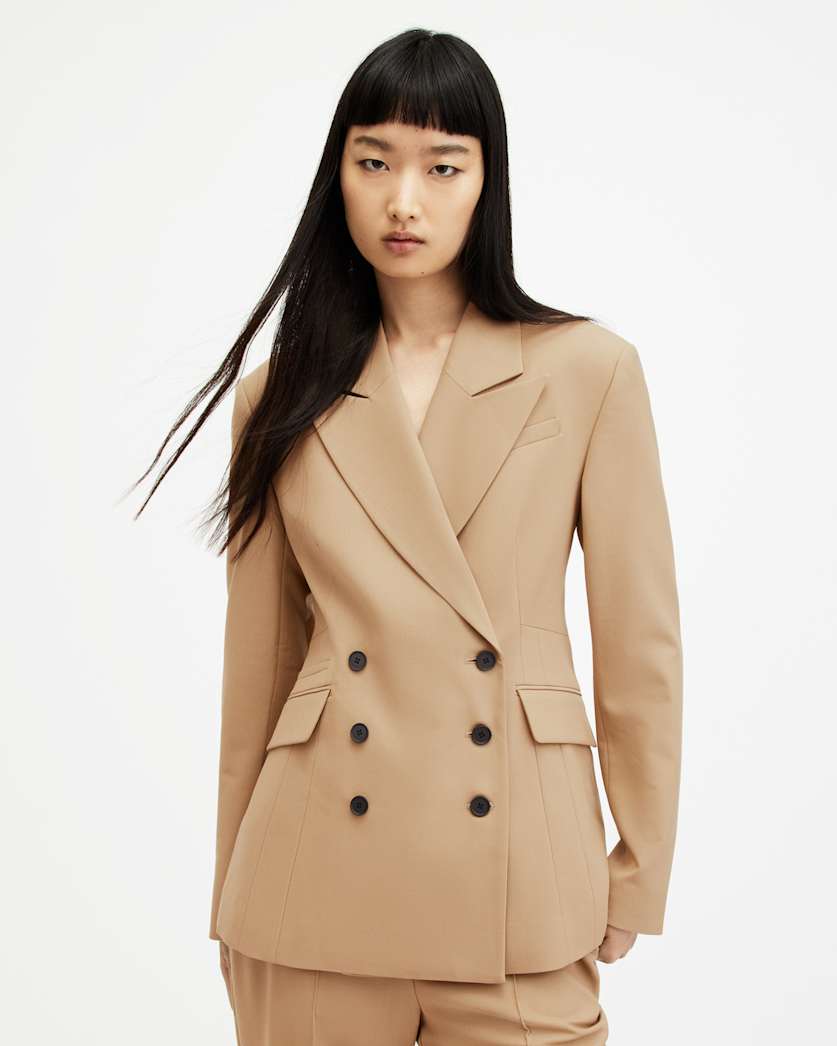 all saints Sevenh Cinched Waist Slim Fit Blazer Camel Brown