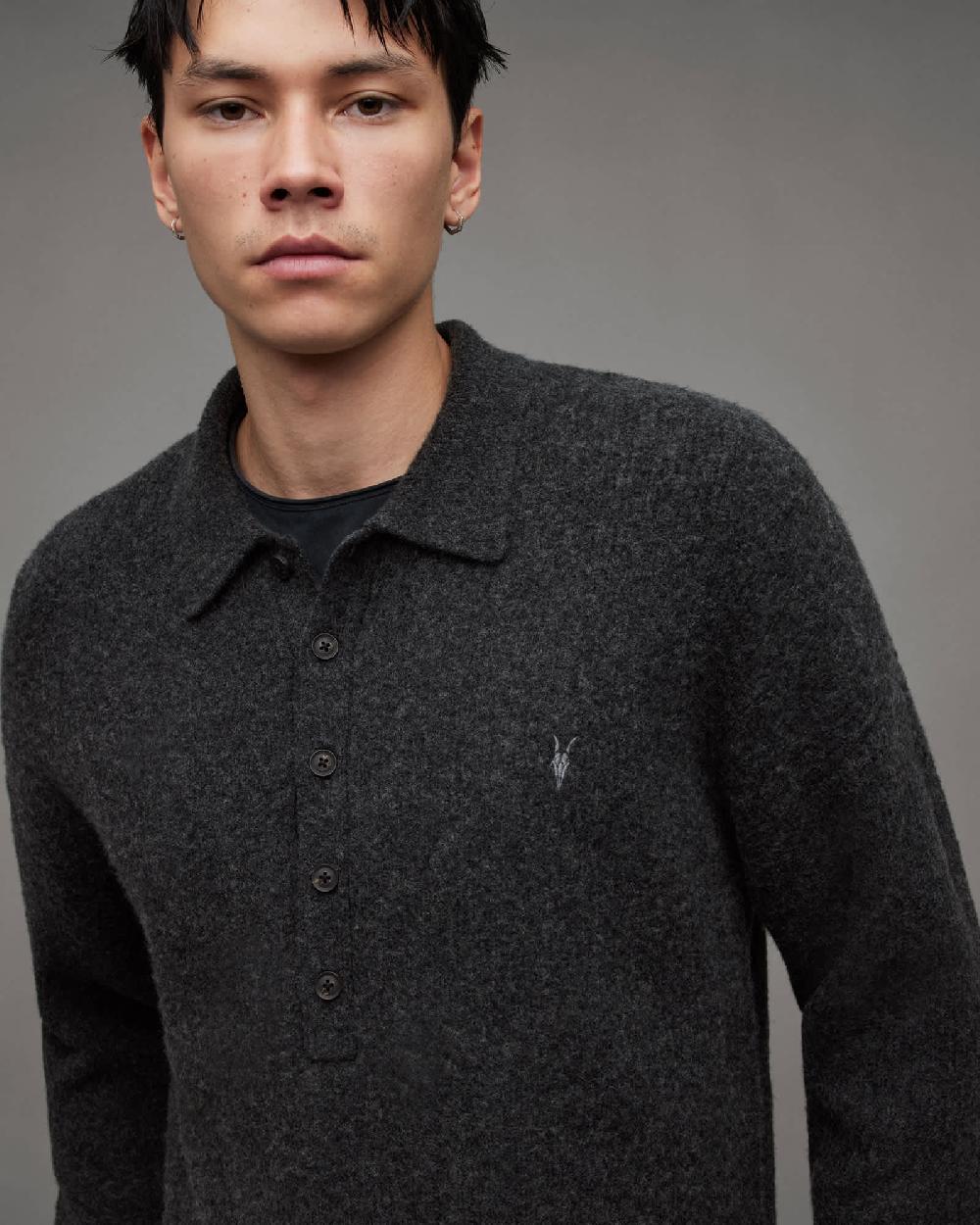 All Saints Shapley Long Sleeve Polo Neck Sweater Cinder Black Marl