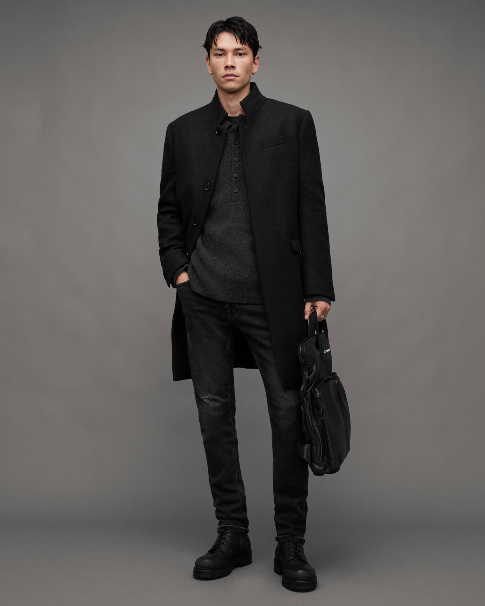 All Saints Shapley Long Sleeve Polo Neck Sweater Cinder Black Marl