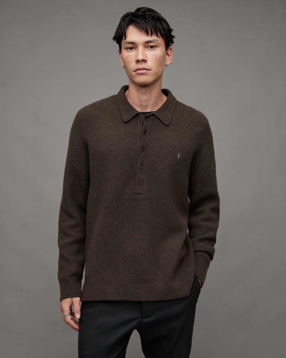 All Saints Shapley Long Sleeve Polo Neck Sweater Dark Ivy Green