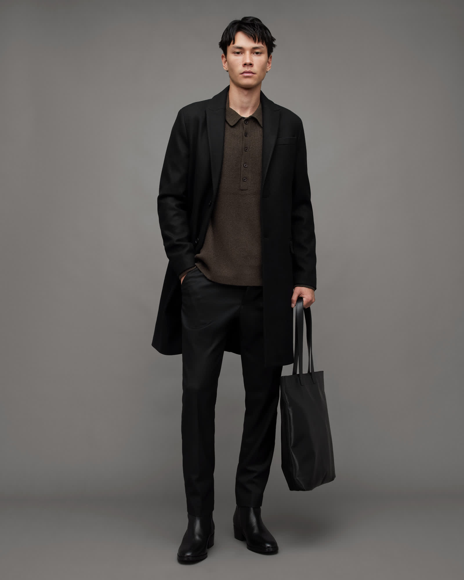 All Saints Shapley Long Sleeve Polo Neck Sweater Dark Ivy Green