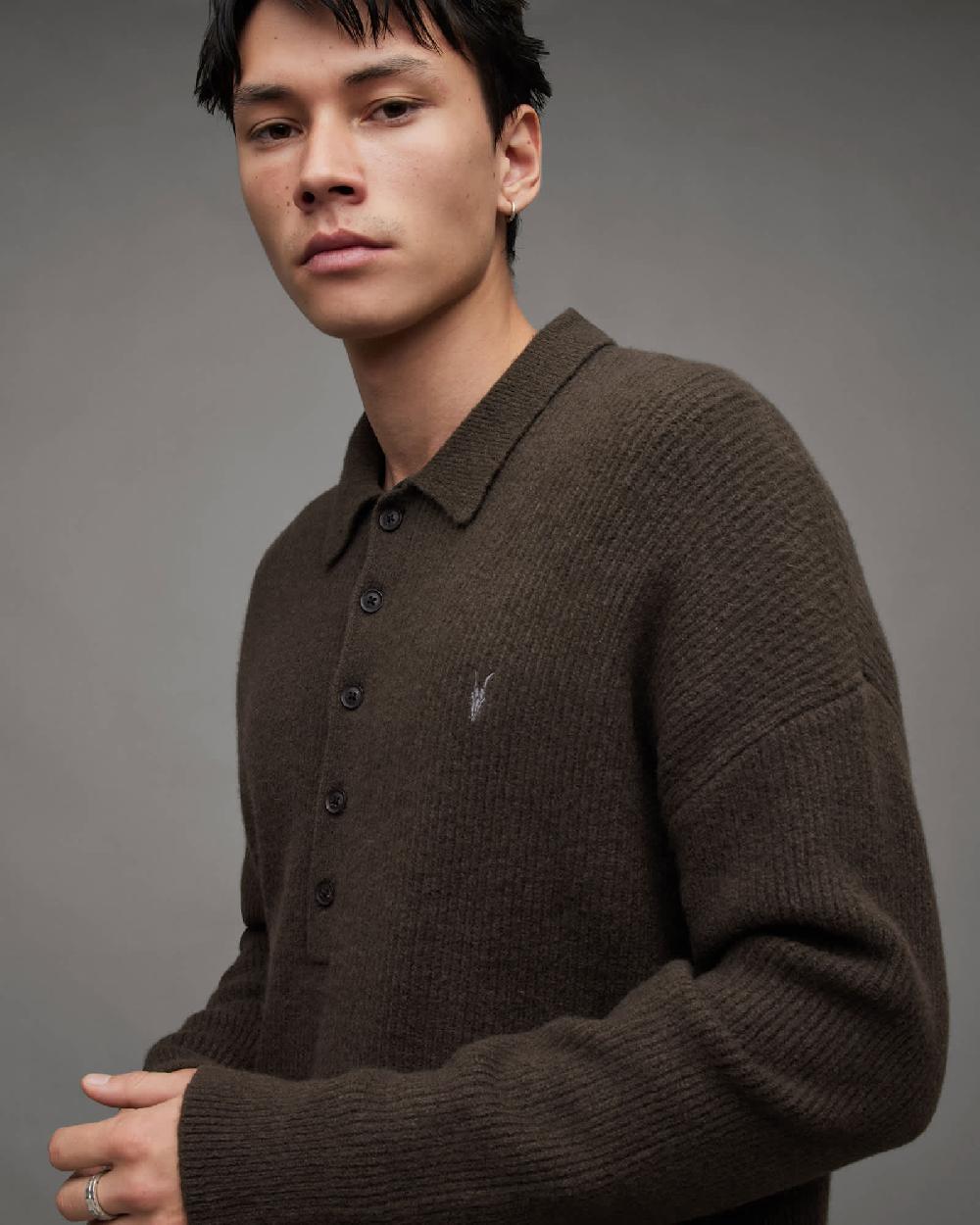 All Saints Shapley Long Sleeve Polo Neck Sweater Dark Ivy Green