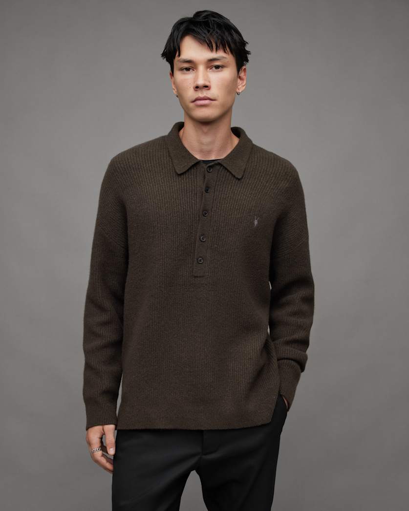 all saints Shapley Long Sleeve Polo Neck Sweater Dark Ivy Green