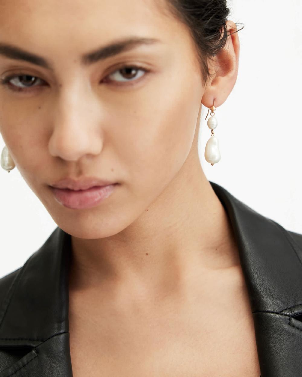 All Saints Shelby Pearl Pendant Gold Tone Earrings Warm Brass