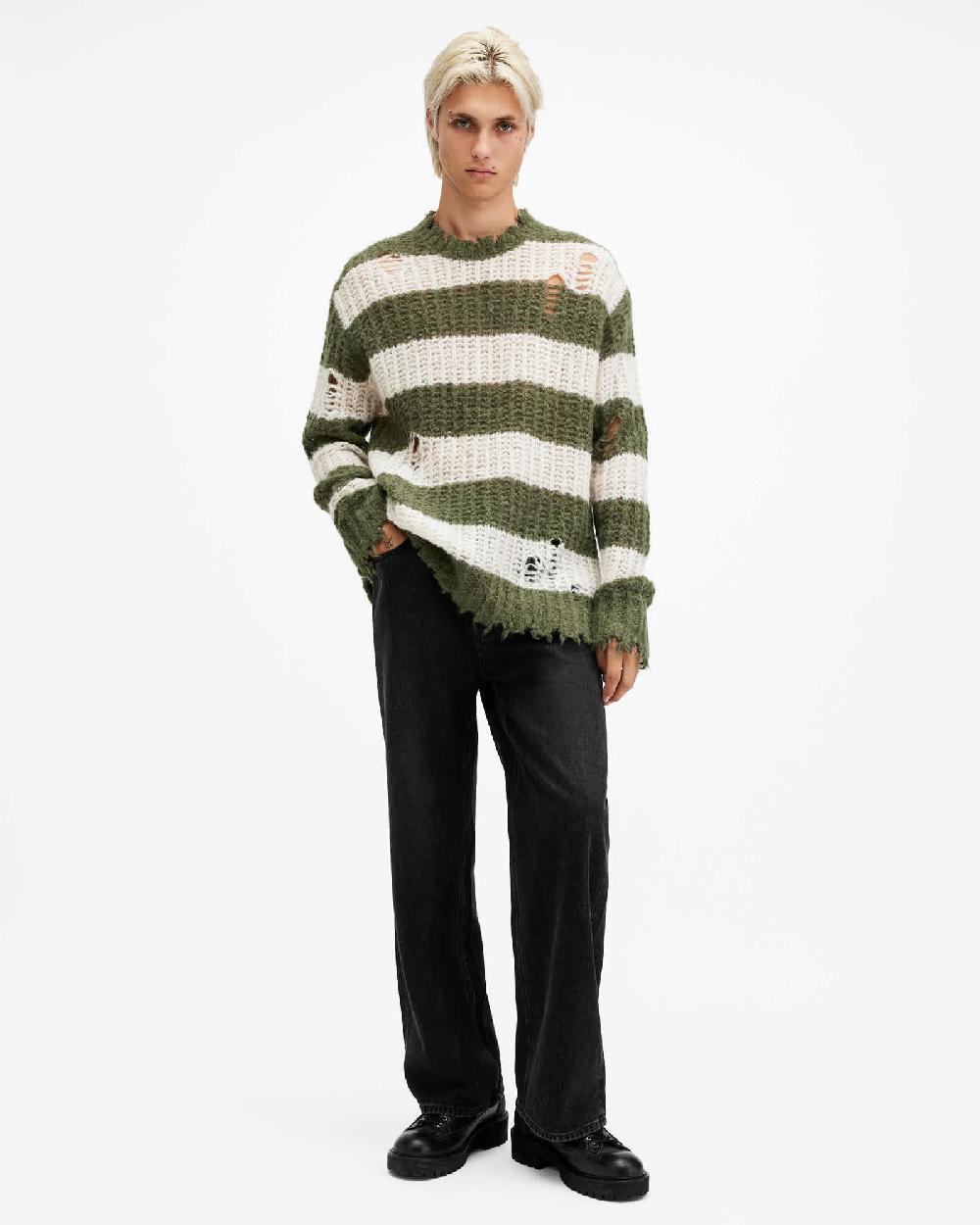 All Saints Sid Oversized Crew Neck Sweater KHAKI/WHITE