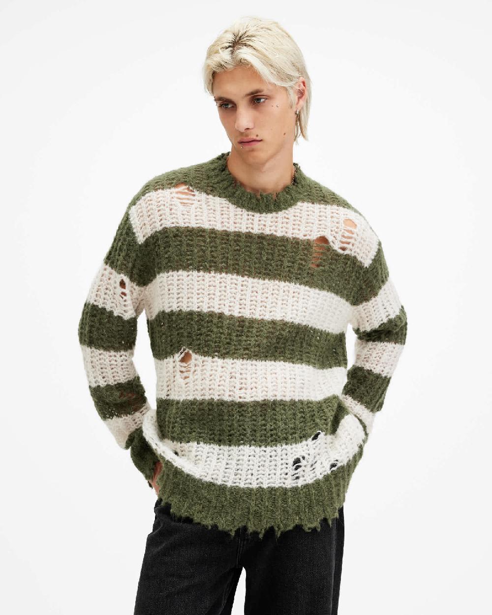 All Saints Sid Oversized Crew Neck Sweater KHAKI/WHITE