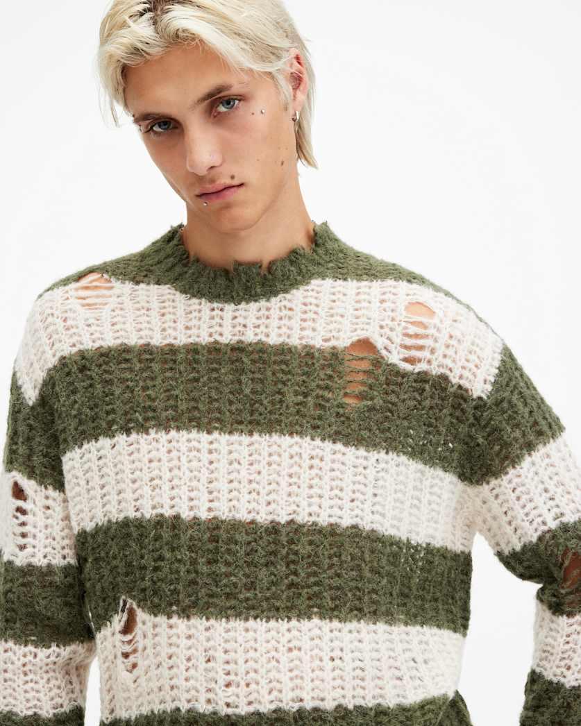 all saints Sid Oversized Crew Neck Sweater KHAKI/WHITE