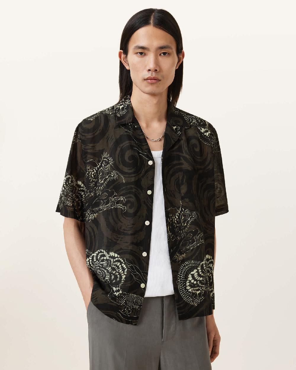 All Saints Sidewinder Short Sleeve Hawaiian Shirt Kelp Green