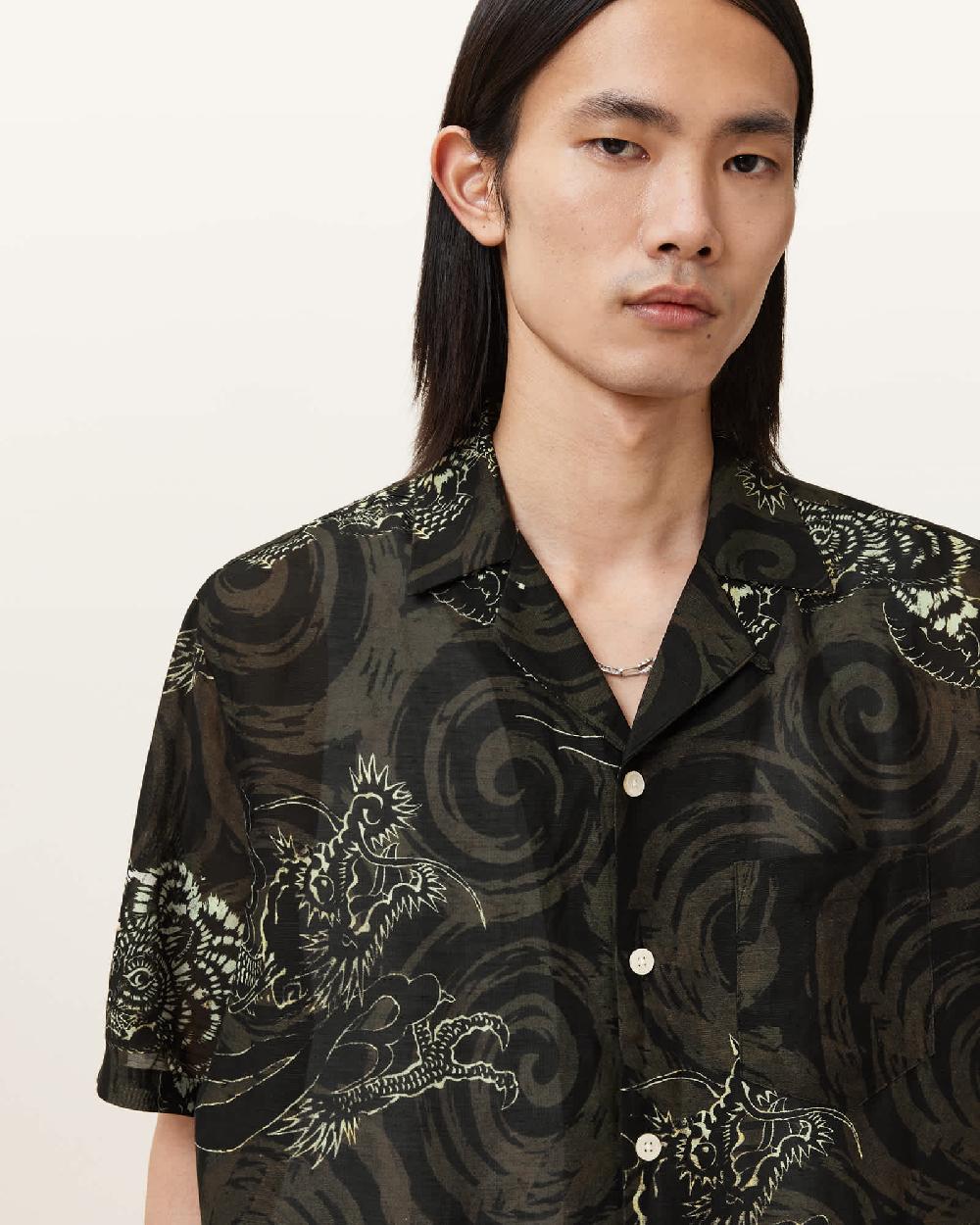 All Saints Sidewinder Short Sleeve Hawaiian Shirt Kelp Green