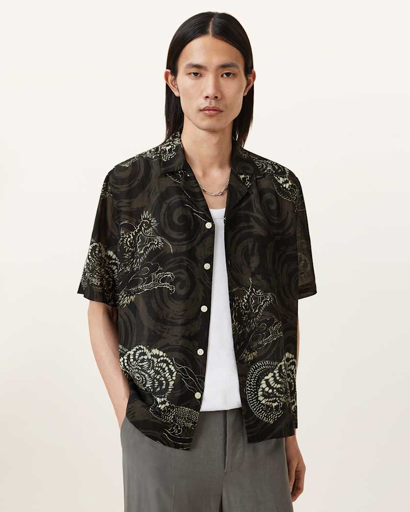all saints Sidewinder Short Sleeve Hawaiian Shirt Kelp Green