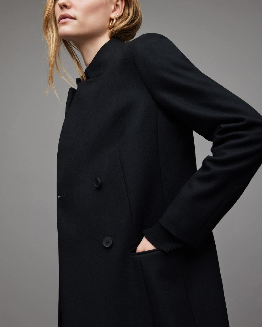 All Saints Sidney Recycled Wool-Cashmere Blend Coat Black