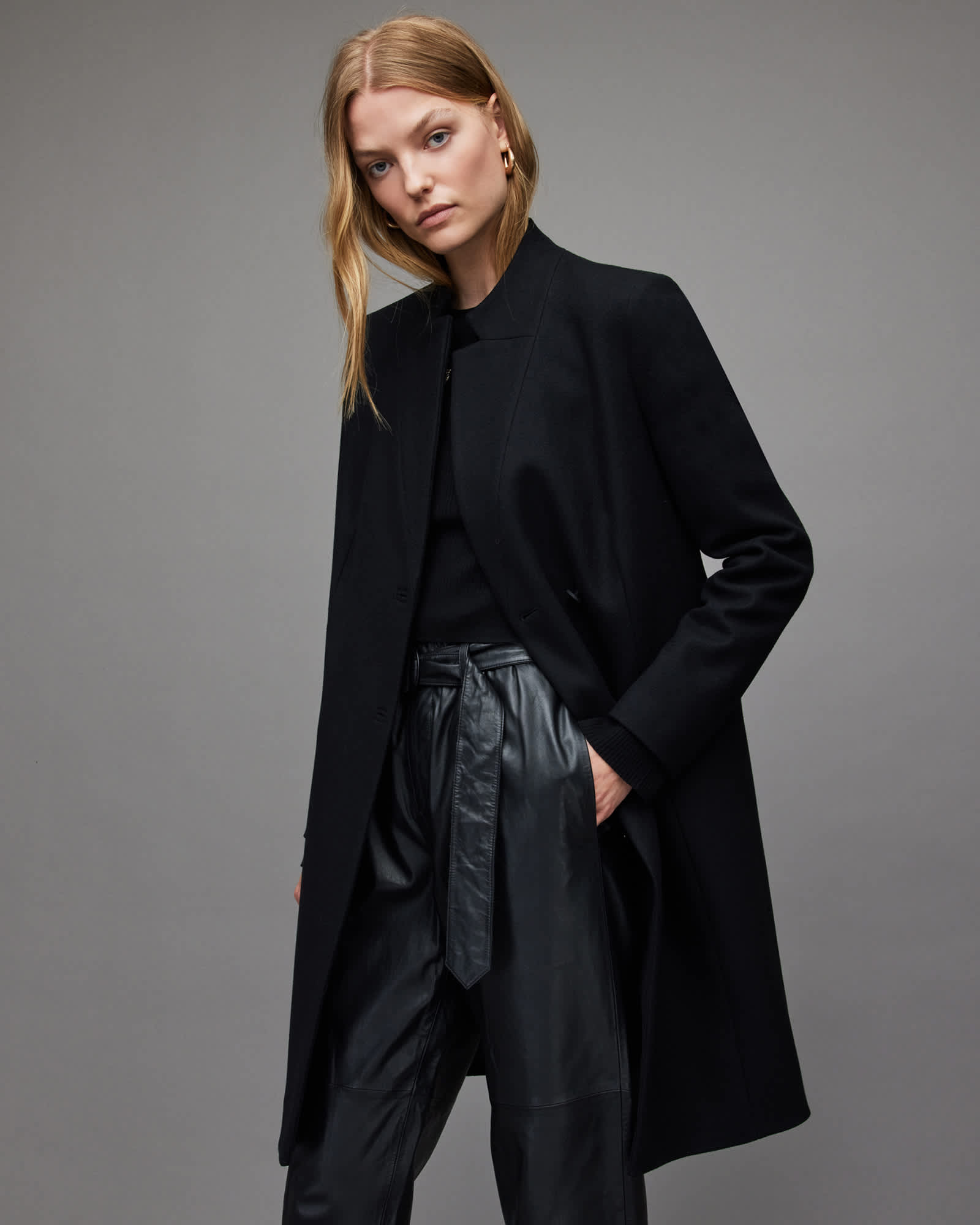 All Saints Sidney Recycled Wool-Cashmere Blend Coat Black