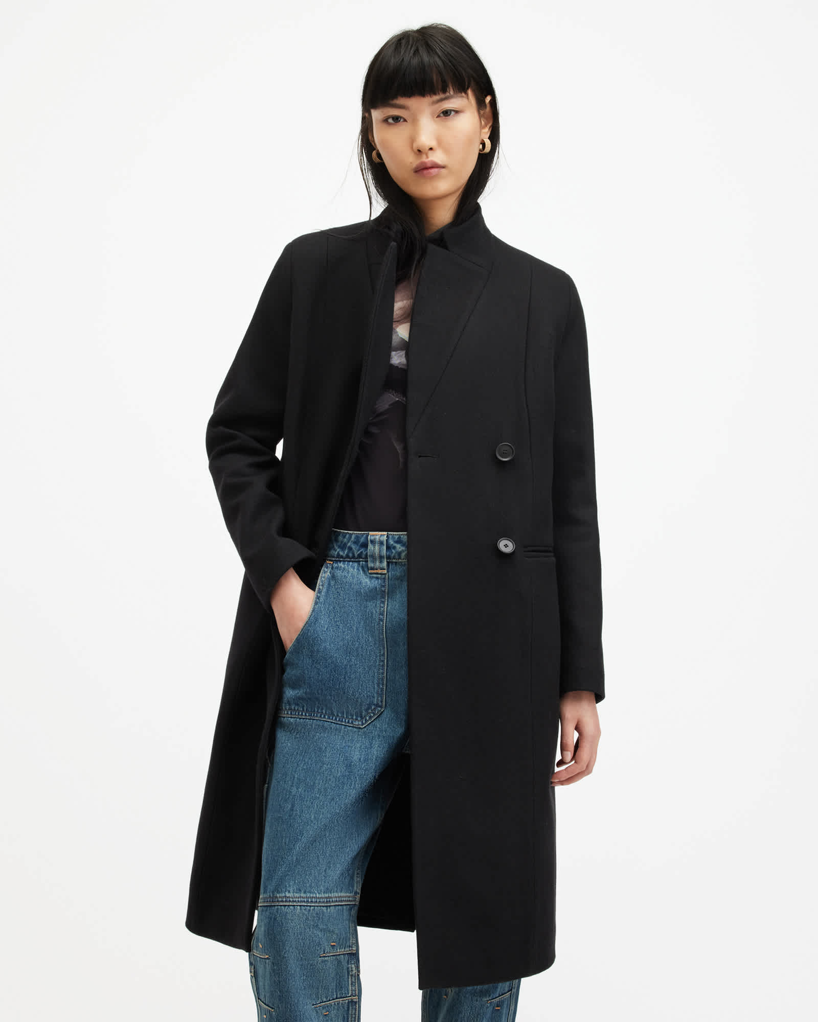 All Saints Sidney Wool Cashmere Blend Tailored Coat Black
