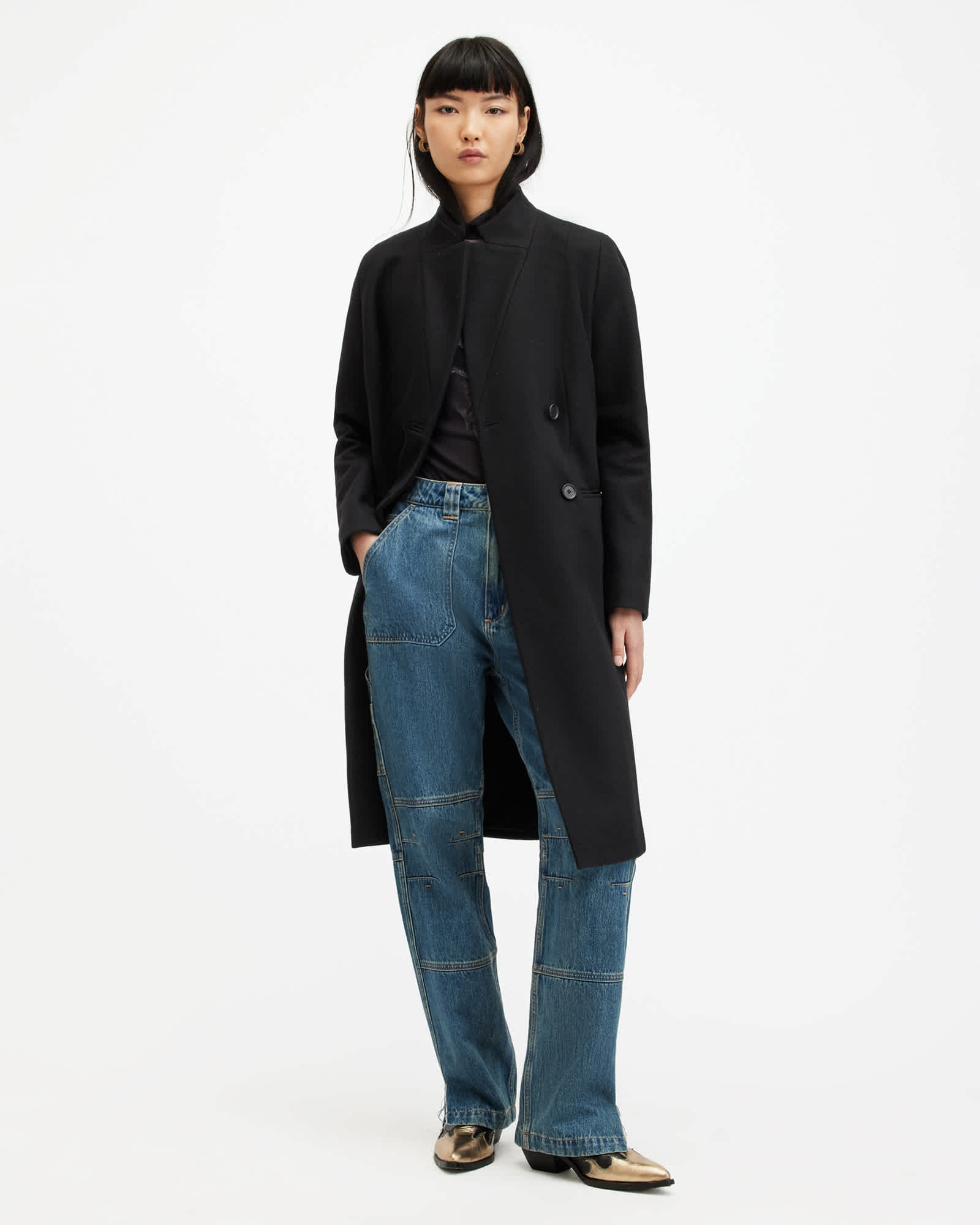 All Saints Sidney Wool Cashmere Blend Tailored Coat Black