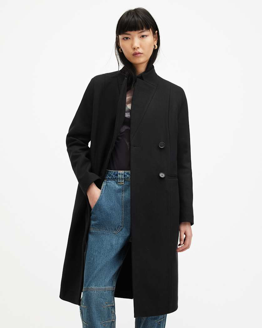 all saints Sidney Wool Cashmere Blend Tailored Coat Black