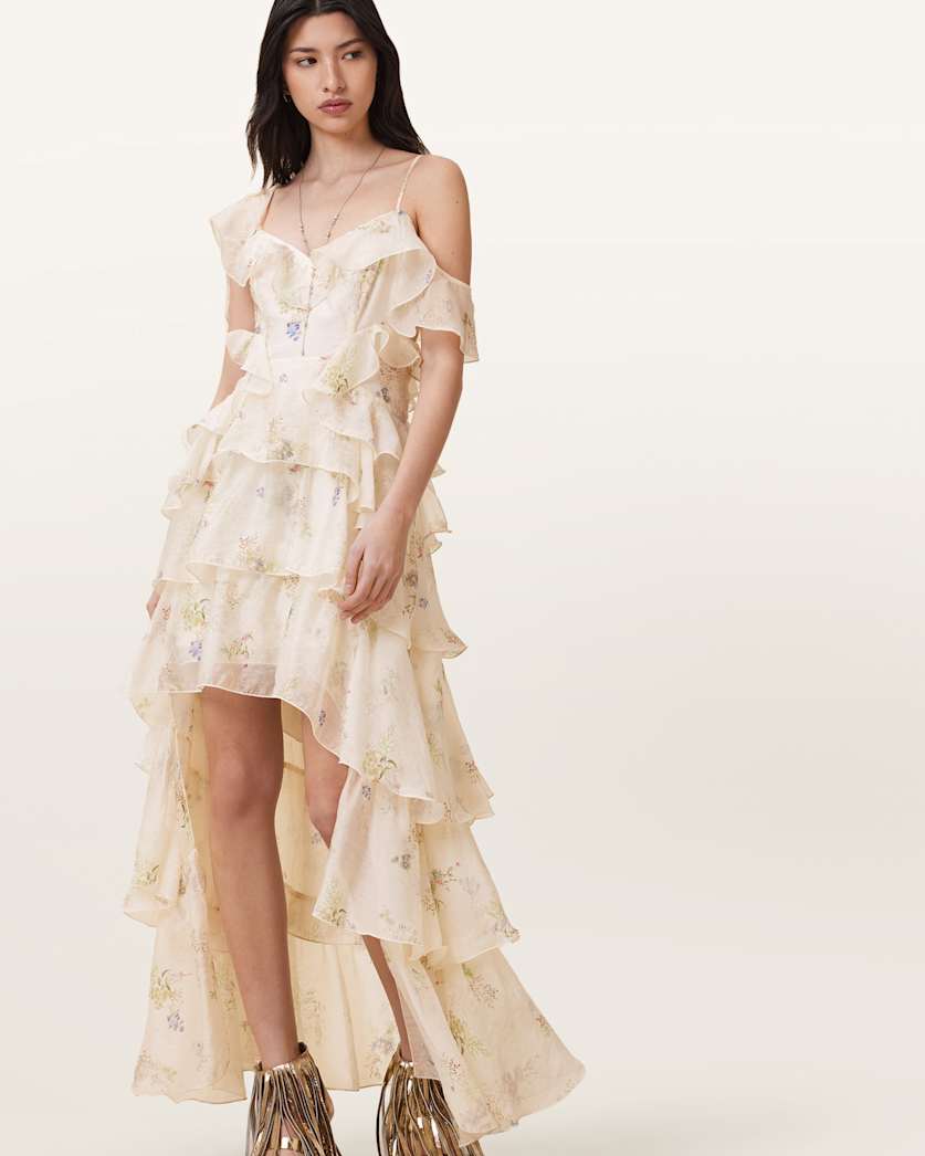 all saints Sienna Ruffled Maxi Dress Laci Ecru White