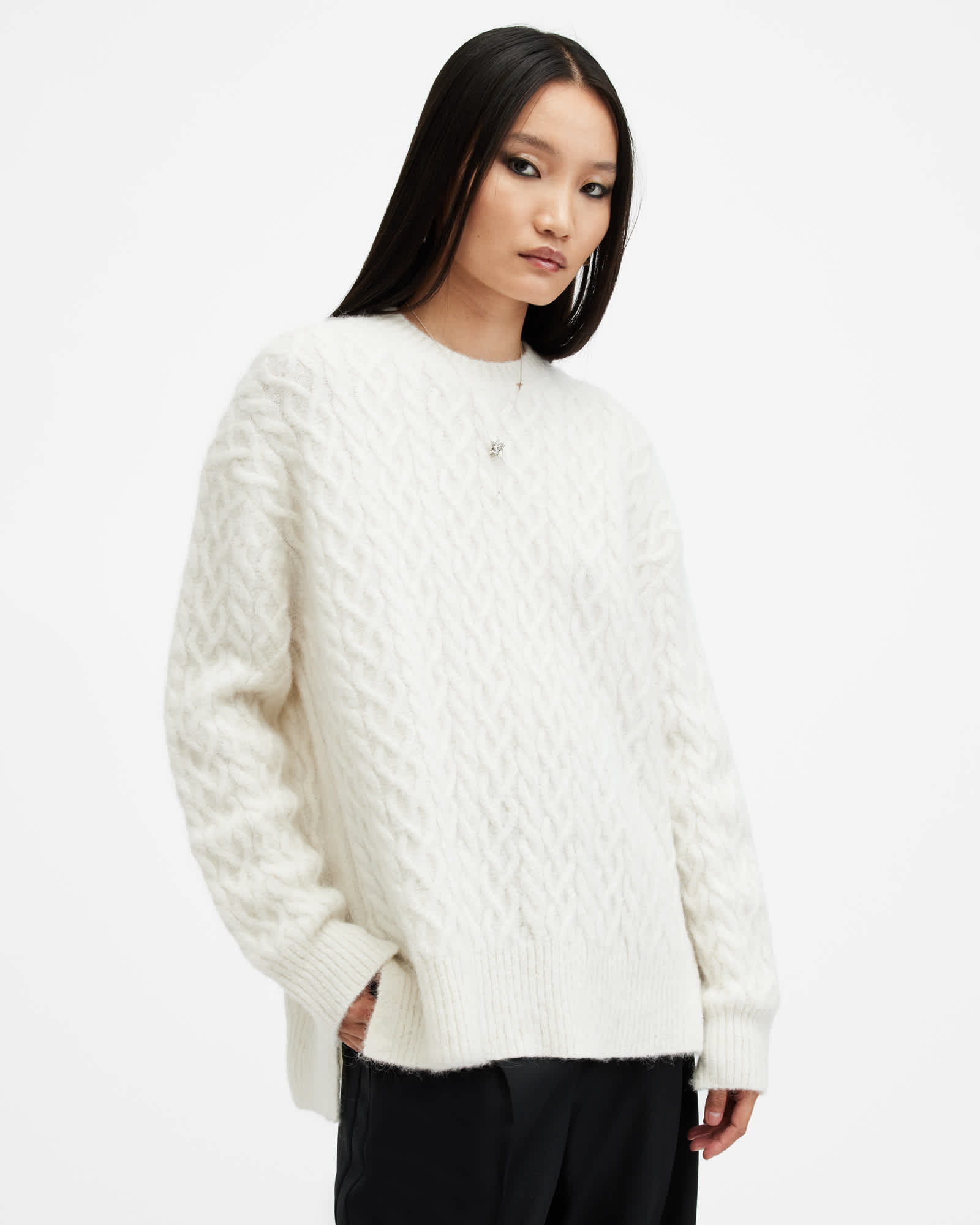 All Saints Sirius Cable Knit Crew Neck Sweater Chalk White