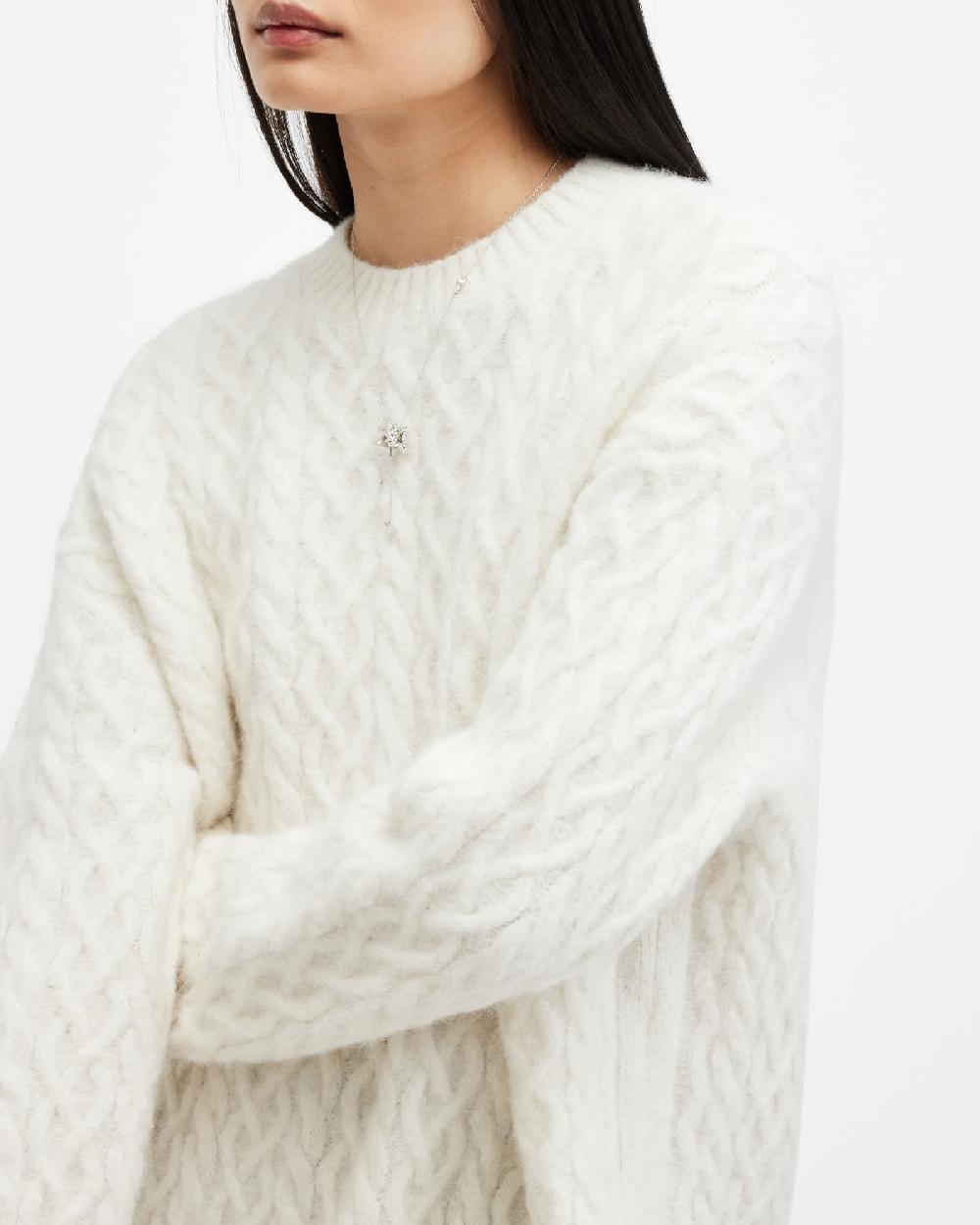 All Saints Sirius Cable Knit Crew Neck Sweater Chalk White