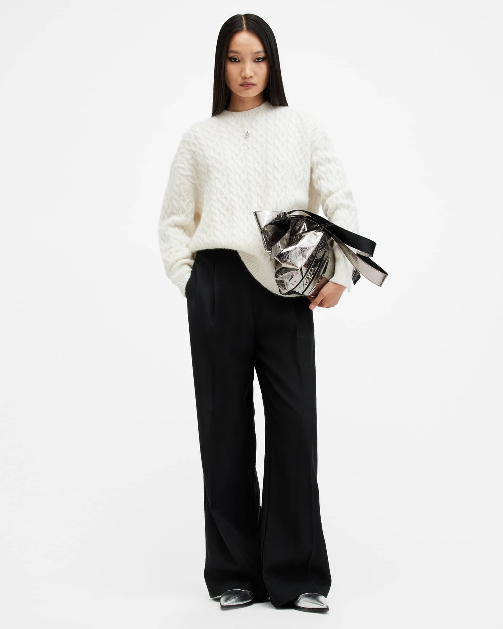 All Saints Sirius Cable Knit Crew Neck Sweater Chalk White