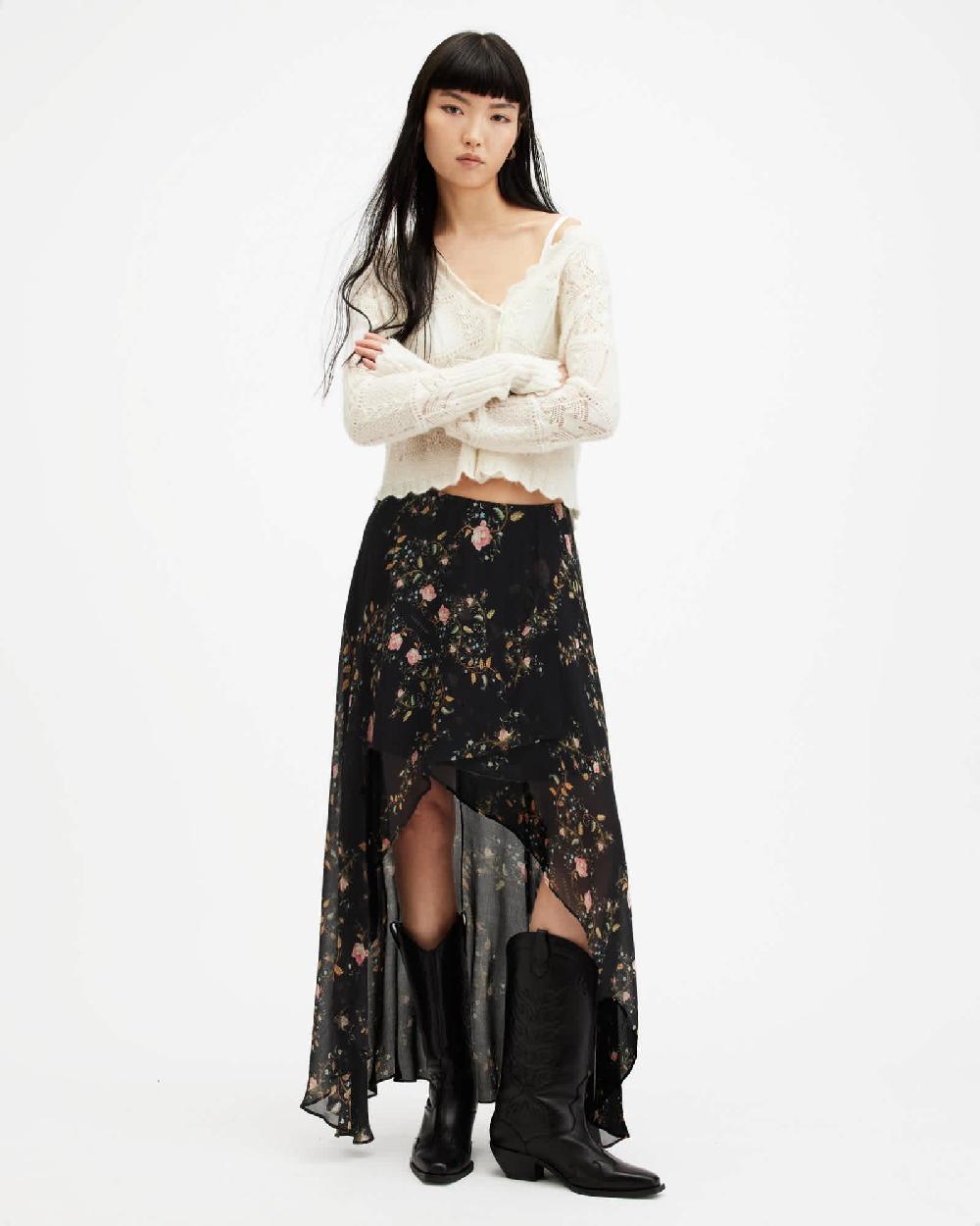 All Saints Slvina Oto Floral Asymmetric Maxi Skirt Black