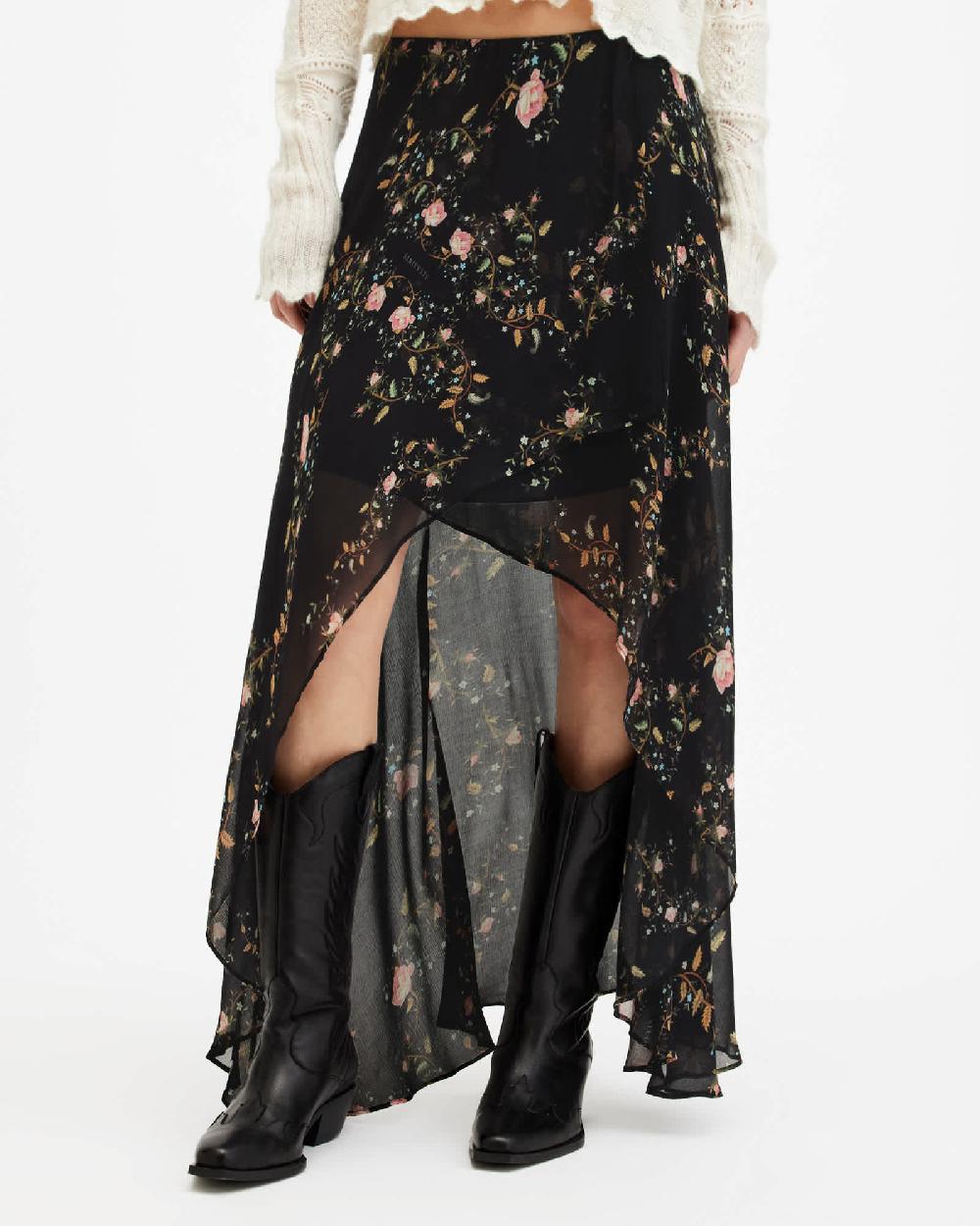 All Saints Slvina Oto Floral Asymmetric Maxi Skirt Black