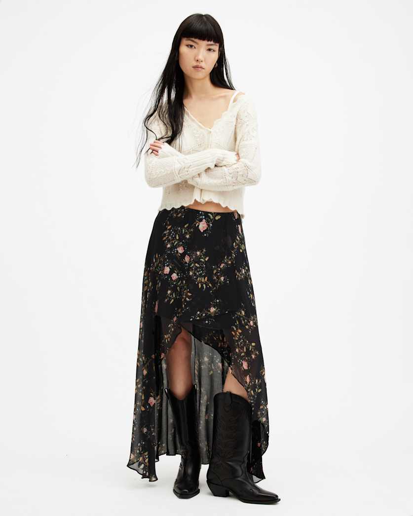 all saints Slvina Oto Floral Asymmetric Maxi Skirt Black