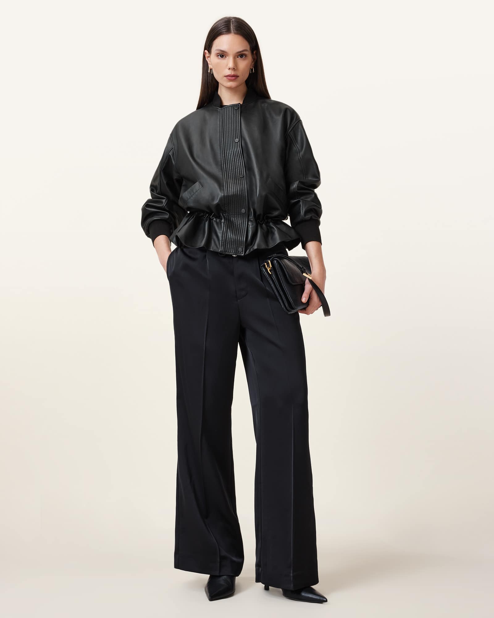 All Saints Sofi Drawstring Leather Bomber Jacket Black