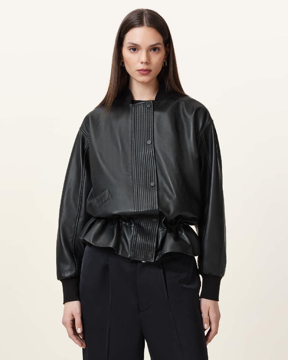 All Saints Sofi Drawstring Leather Bomber Jacket Black