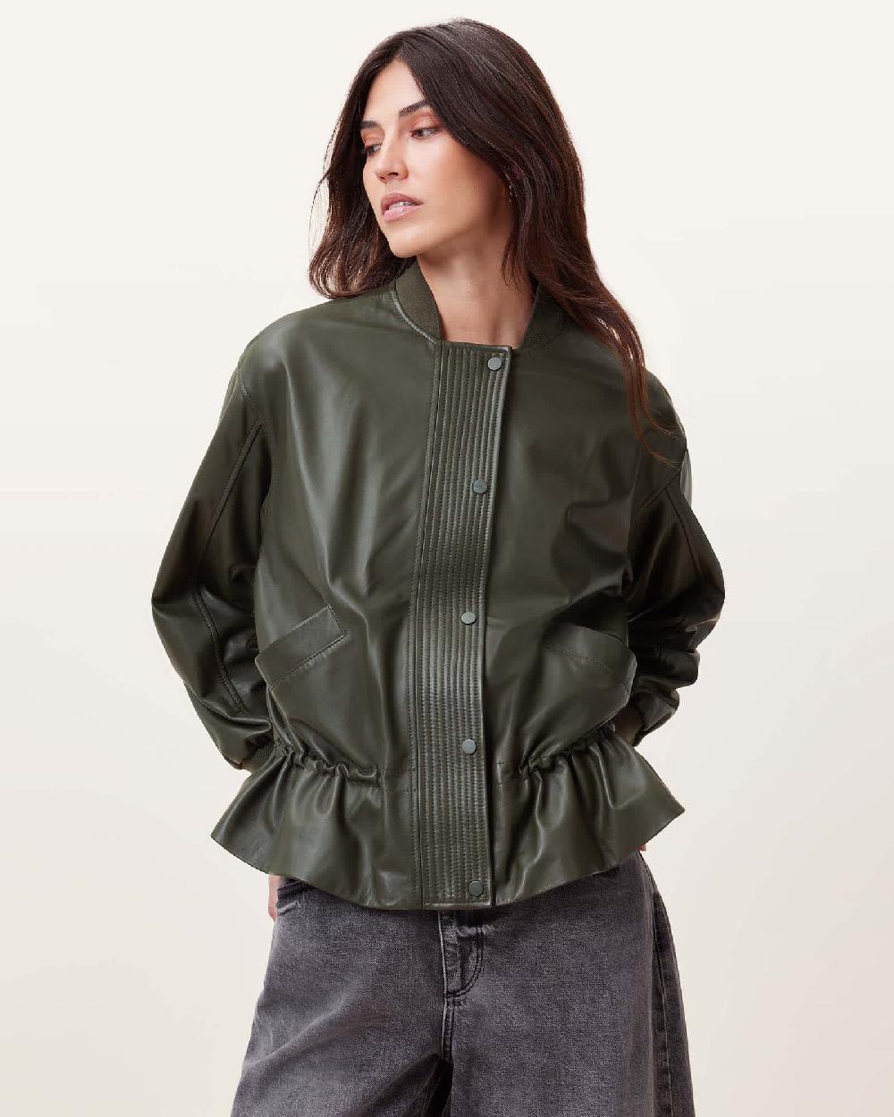 All Saints Sofi Drawstring Leather Bomber Jacket Military Green