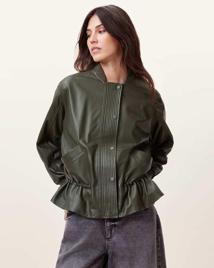all saints Sofi Drawstring Leather Bomber Jacket Military Green