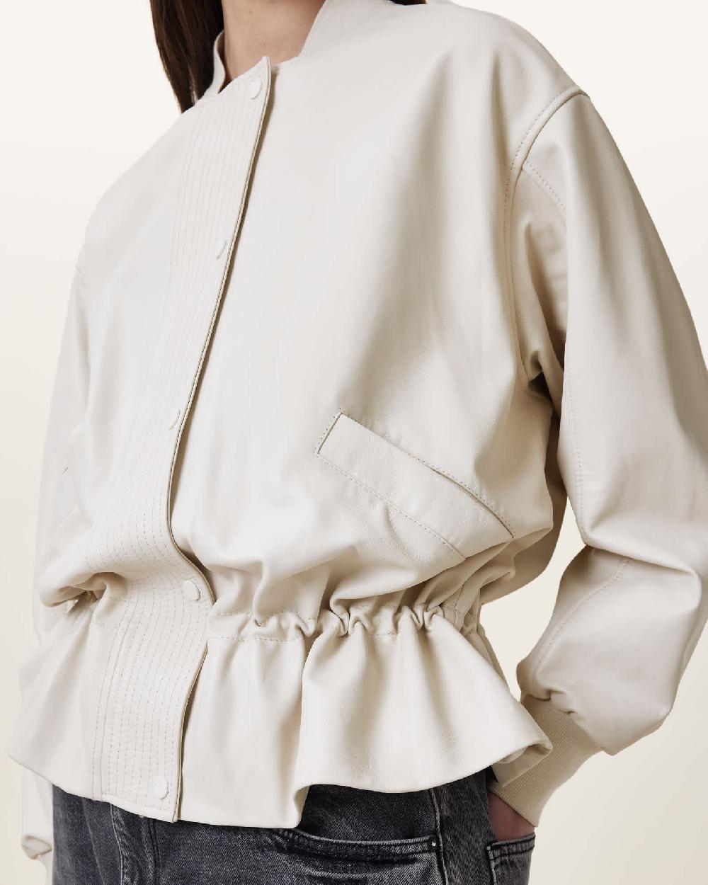 All Saints Sofi Drawstring Leather Bomber Jacket Off White