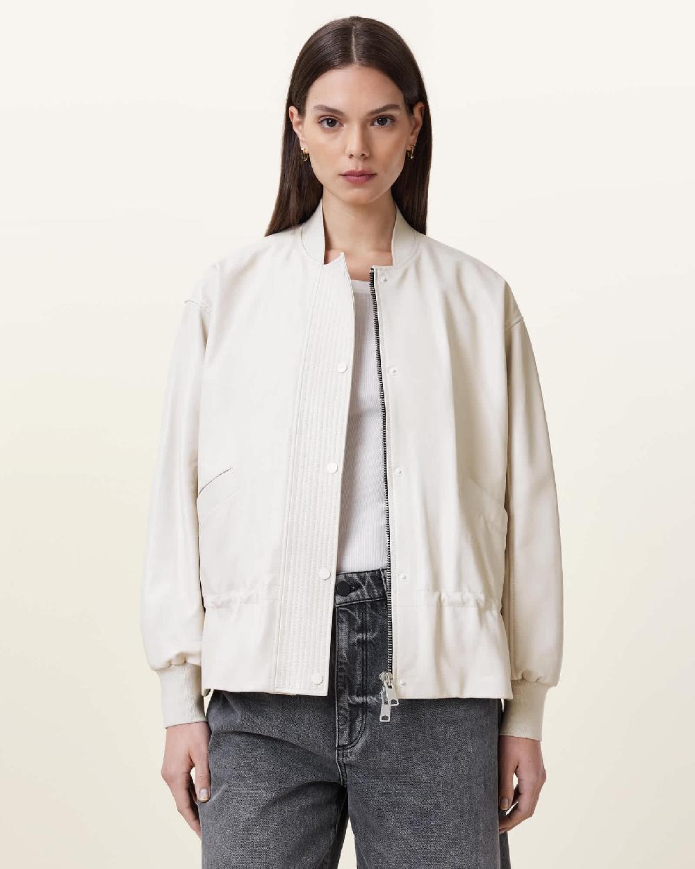 All Saints Sofi Drawstring Leather Bomber Jacket Off White