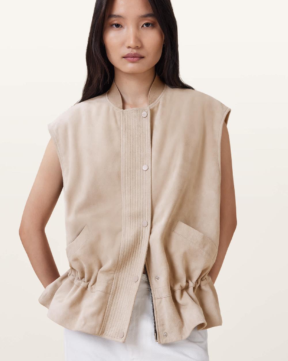 All Saints Sofi Relaxed Fit Leather Gilet Silver Birch Grey