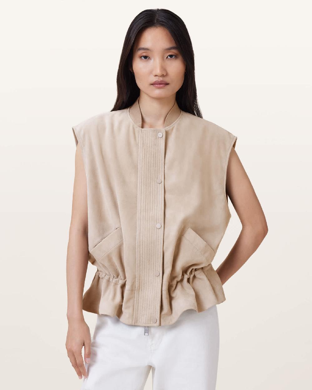 All Saints Sofi Relaxed Fit Leather Gilet Silver Birch Grey