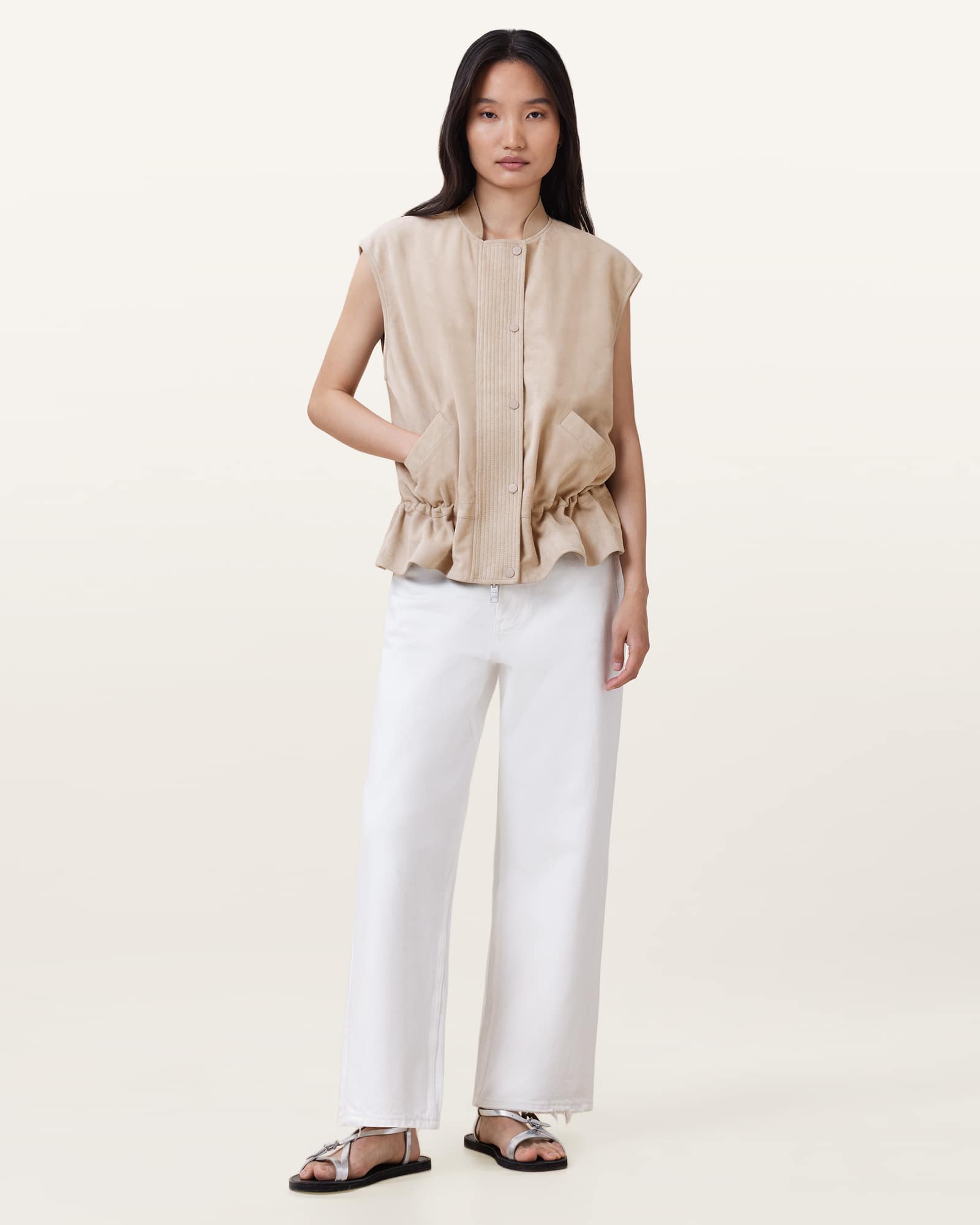 All Saints Sofi Relaxed Fit Leather Gilet Silver Birch Grey