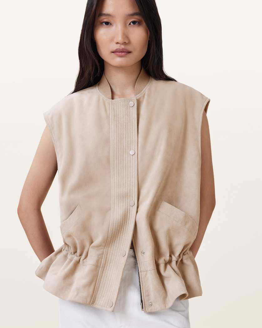 all saints Sofi Relaxed Fit Leather Gilet Silver Birch Grey