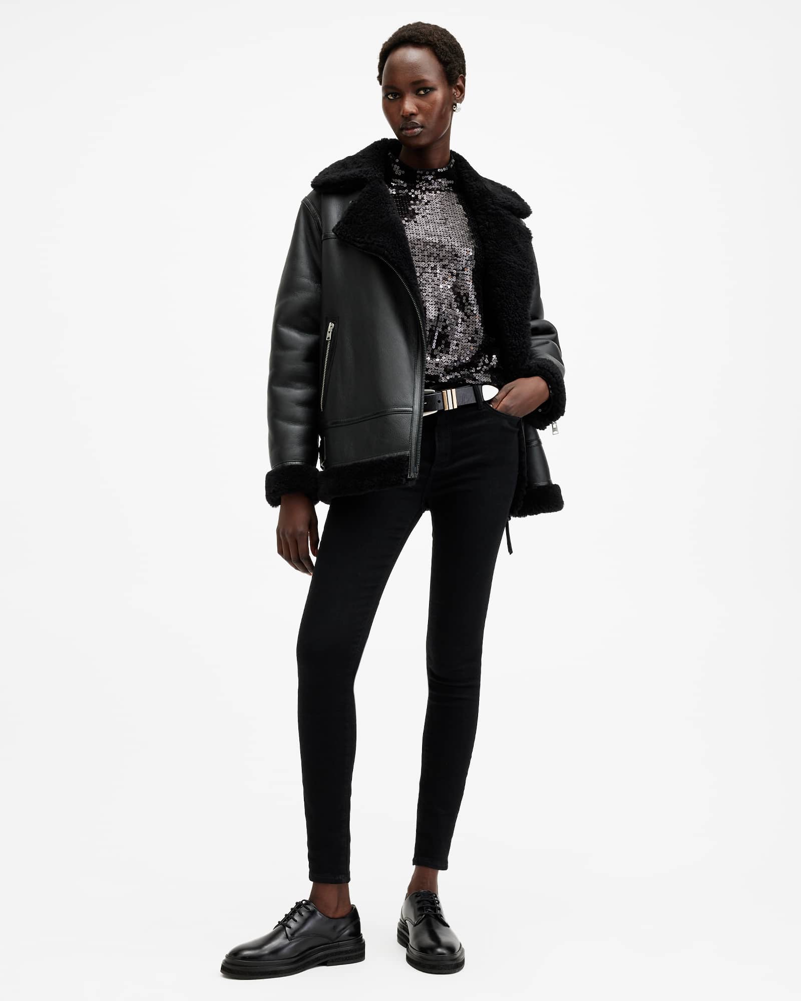 All Saints Sola Oversized Shearling Biker Jacket Black