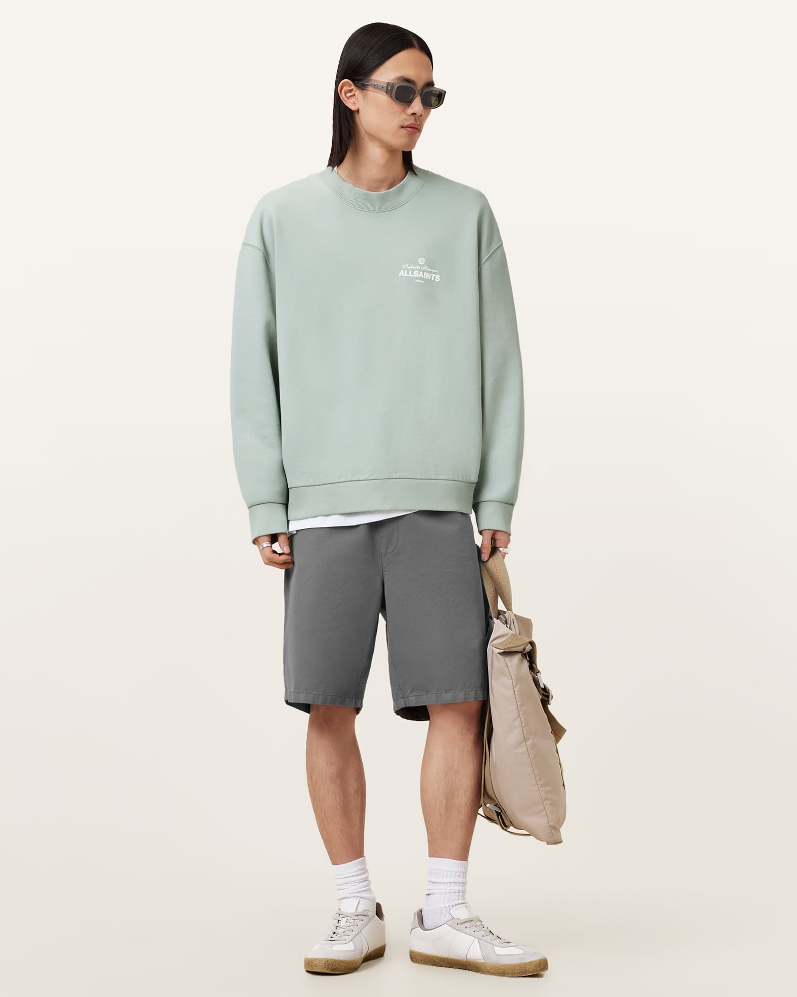 All Saints Soleil Crew Oversized Cropped Sweatshirt Slate Green
