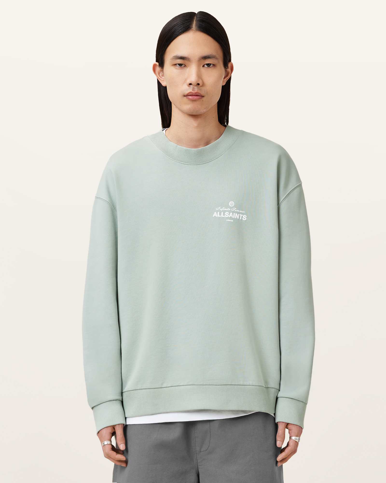 All Saints Soleil Crew Oversized Cropped Sweatshirt Slate Green