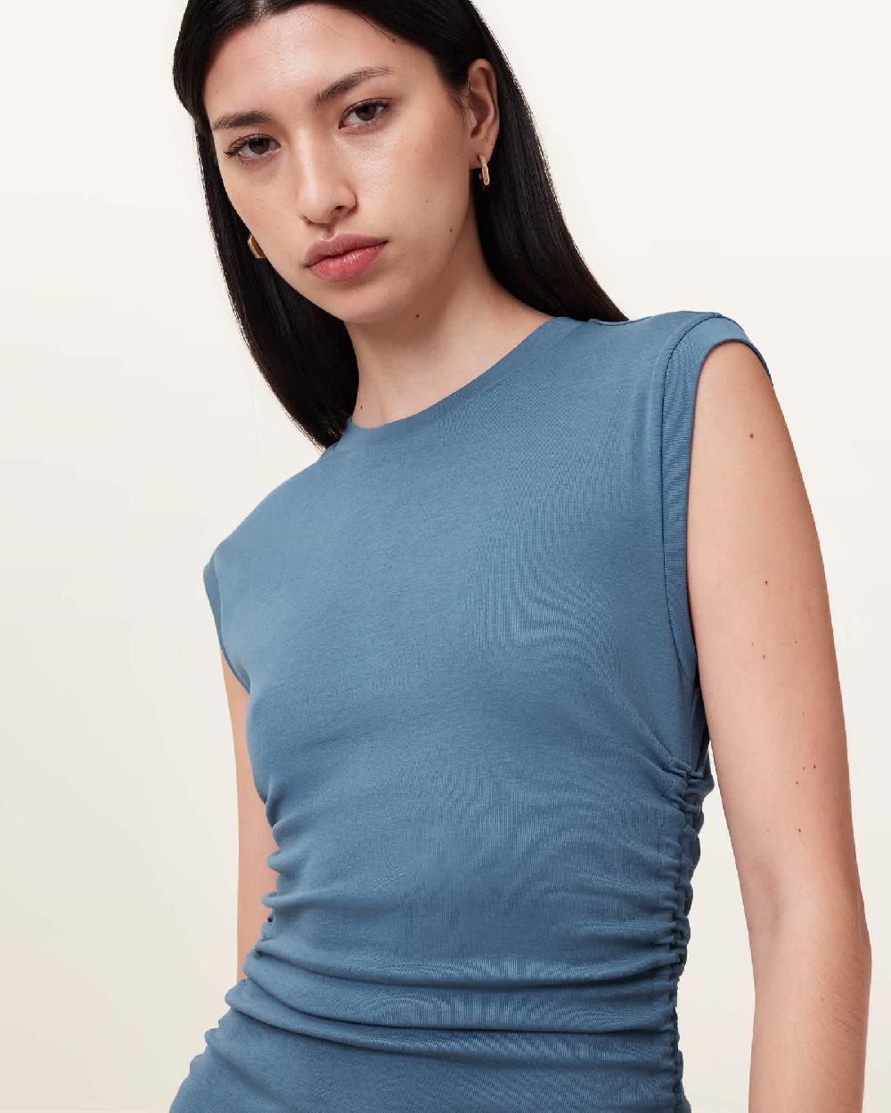 All Saints Sonny Drawcord Side Mini Dress Flint Stone Blue