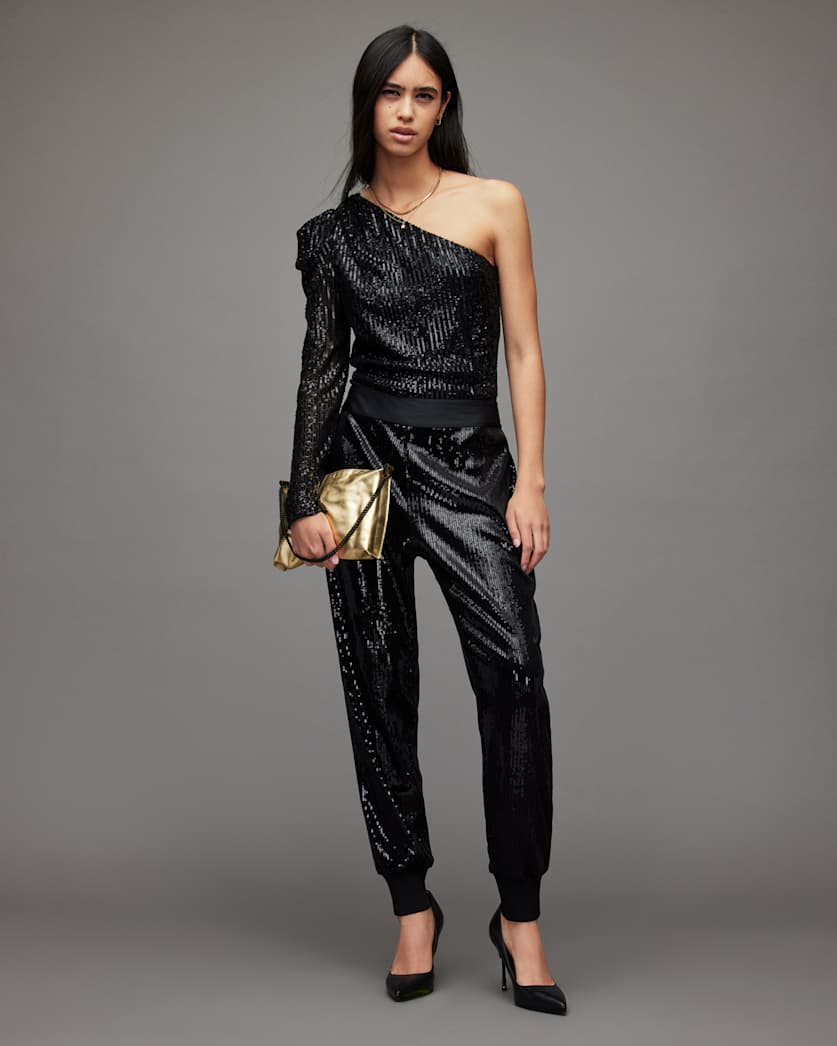 all saints Soraya High-Rise Relaxed Sequin Pants Black